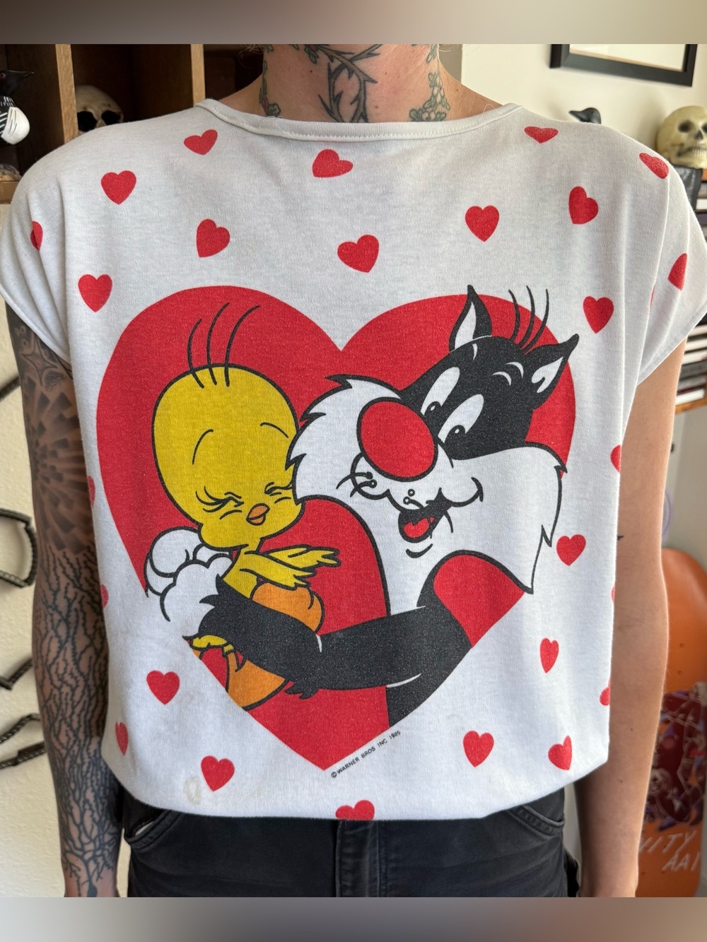 Vintage 80s Looney Tunes Sylvester & Tweety Bird Hearts Graphic Tee ~ Size Large